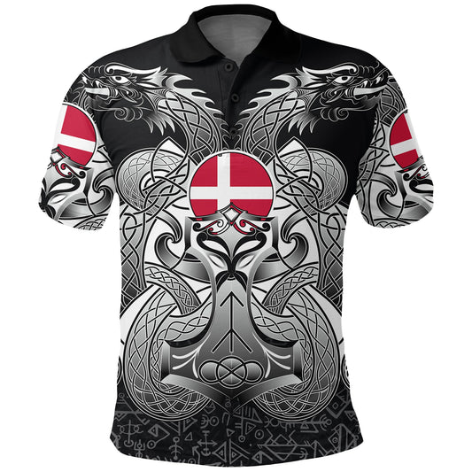 BlueJose Viking Style Polo Shirts - Denmark Mjolnir and Double Dragon