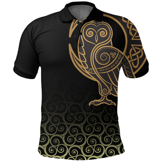 BlueJose Viking Style Polo Shirts Owl Celtic On Triskele Background