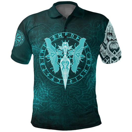 BlueJose Viking Style Polo Shirts - Cyan Spear Of The God Odin - Gungnir And Two Cyan Ravens Style