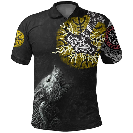 BlueJose Viking Style Polo Shirts - Fenrir Fight Mjolnir of Thor on Helm Of Awe