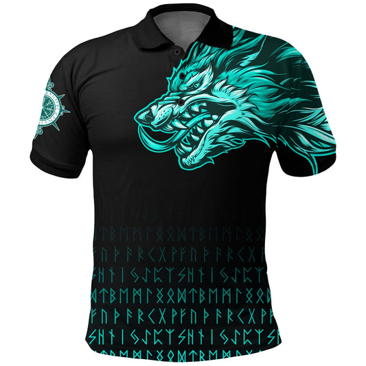 BlueJose Viking Style Polo Shirts Fenrir Wolf Cyan Near Shoulder