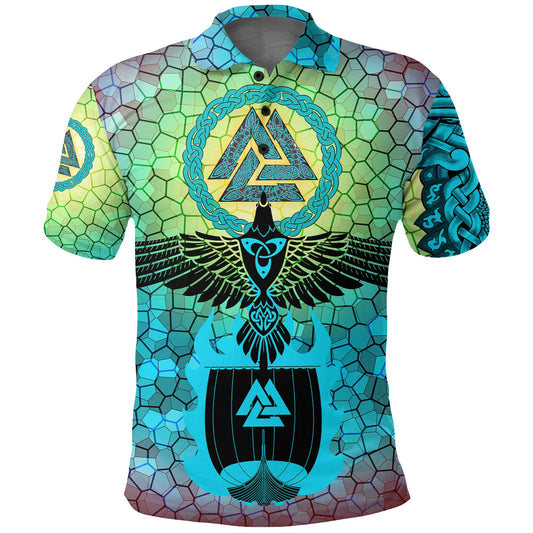 BlueJose Viking Style Polo Shirts - Raven Of Odin And Drakkar On Fire On Vignette Cyan Valknut