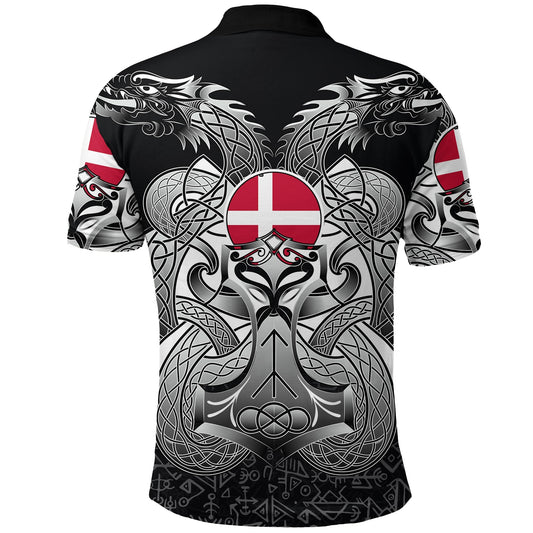 BlueJose Viking Style Polo Shirts - Denmark Mjolnir and Double Dragon