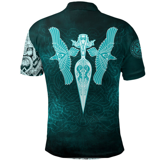 BlueJose Viking Style Polo Shirts - Cyan Spear Of The God Odin - Gungnir And Two Cyan Ravens Style