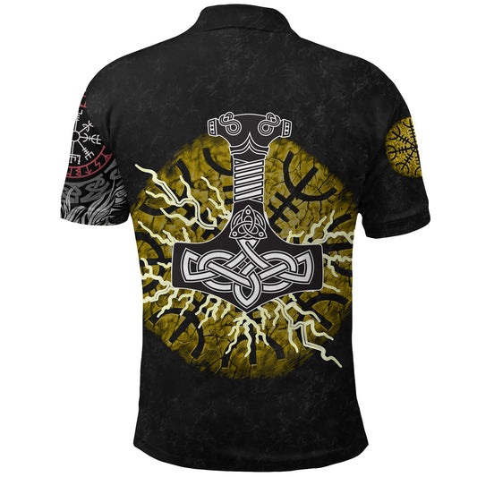 BlueJose Viking Style Polo Shirts - Fenrir Fight Mjolnir of Thor on Helm Of Awe