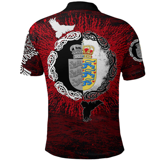 BlueJose Viking Style Polo Shirts - Denmark Raven of Odin and Symbol Viking on Blood Background