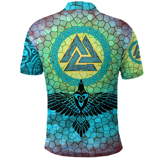 BlueJose Viking Style Polo Shirts - Raven Of Odin And Drakkar On Fire On Vignette Cyan Valknut