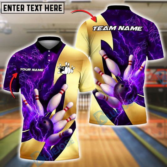 BlueJose Bowling And Pins Thunder Lightning Gold Customized Name, Team Name 3D Shirt (4 Colors) (Copy)