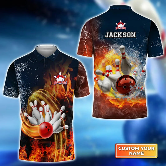 BlueJoses Bowling Fire and Water Pattern Customized Name 3D Shirt