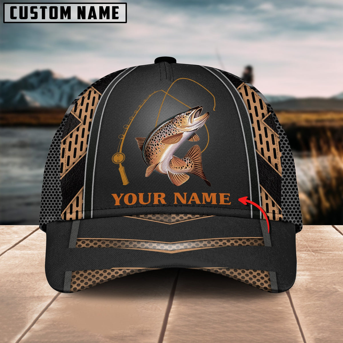 BlueJose Personalized Fishing Black &amp; Orange Cap
