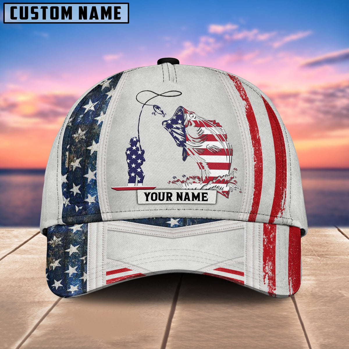 BlueJose Personalized Fish White USA Flag Cap