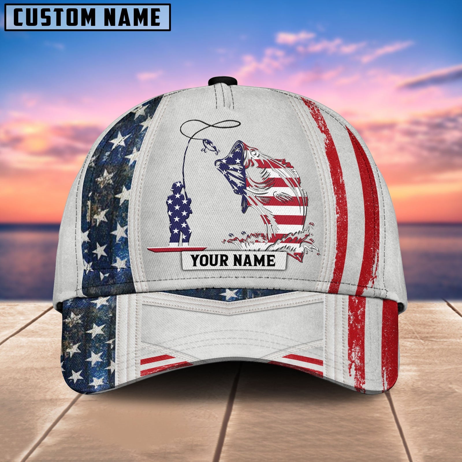 BlueJose Personalized Fish White USA Flag Cap