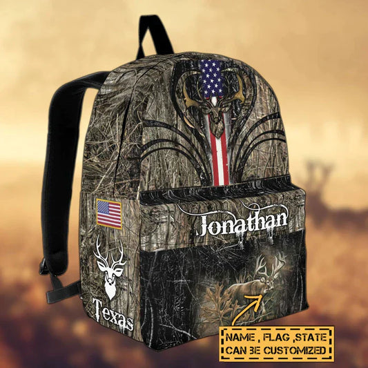 BlueJose Deer Hunting Name State & Flag Personalized Backpack