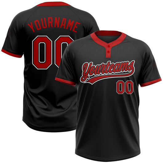 BlueJose Personalized Black Red-White Two-Button Unisex Softball Jersey