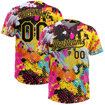 BlueJose Personalized Graffiti Pattern Black-Gold 3D Bright Psychedelic Two-Button Unisex Softball Jersey