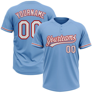 BlueJose Personalized Light Blue White-Red Two-Button Unisex Softball Jersey