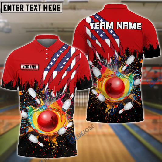 BlueJoses Bowling And Pins Scratch US Flag Pattern Multicolor Personalized Name 3D Shirt, Personalized Shirts For Bowling Players