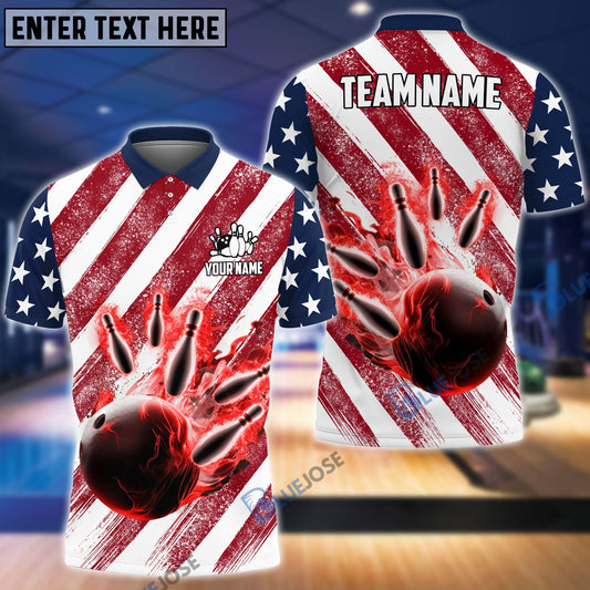 BlueJoses Bowling and Pins American Flag Color Customized Name, Team Name 3D Shirt