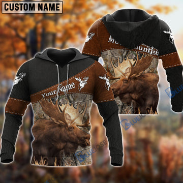 BlueJose Customized Name Moose Hunting Brown Leather Pattern 3D Shirts