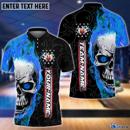 BlueJoses Personalized Name and Team Name Skull Fire Winner Bowling and Pins Multicolor 3D Shirt