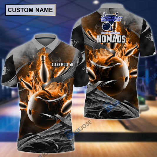 BlueJoses Fire Gray Bowling and Pins Personalized Name Team Name 3D Shirt for Allen Moll