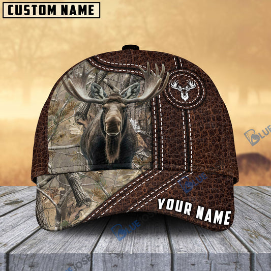 BlueJose Moose Hunting Premium Leather Pattern Personalized Name Cap (4 Colors)