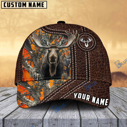 BlueJose Moose Hunting Premium Leather Pattern Personalized Name Cap (4 Colors)