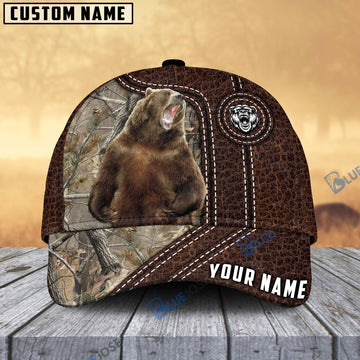 BlueJose Bear Hunting Premium Leather Pattern Personalized Name Cap (4 Colors)