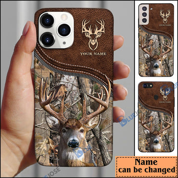 BlueJose Deer Hunting Leather Pattern Personalized Name Phone Case (4 colors)