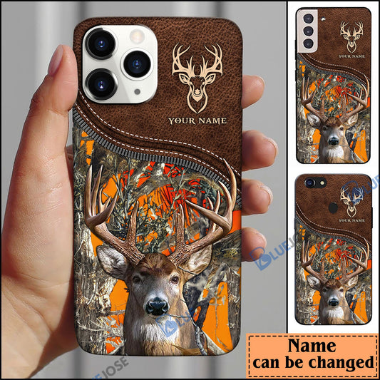 BlueJose Deer Hunting Leather Pattern Personalized Name Phone Case (4 colors)