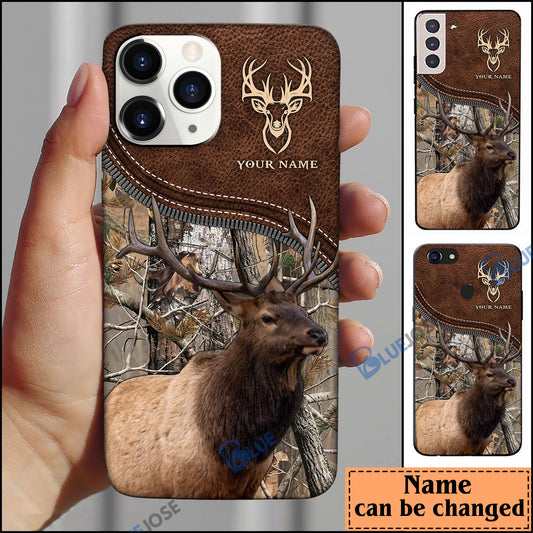 BlueJose Elk Hunting Leather Pattern Personalized Name Phone Case (4 colors)