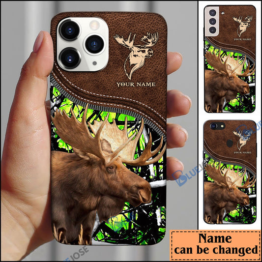 BlueJose Moose Hunting Leather Pattern Personalized Name Phone Case (4 colors)