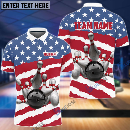 BlueJose Bowling and Pins Lightning American Flag Personalized Name 3D Shirt