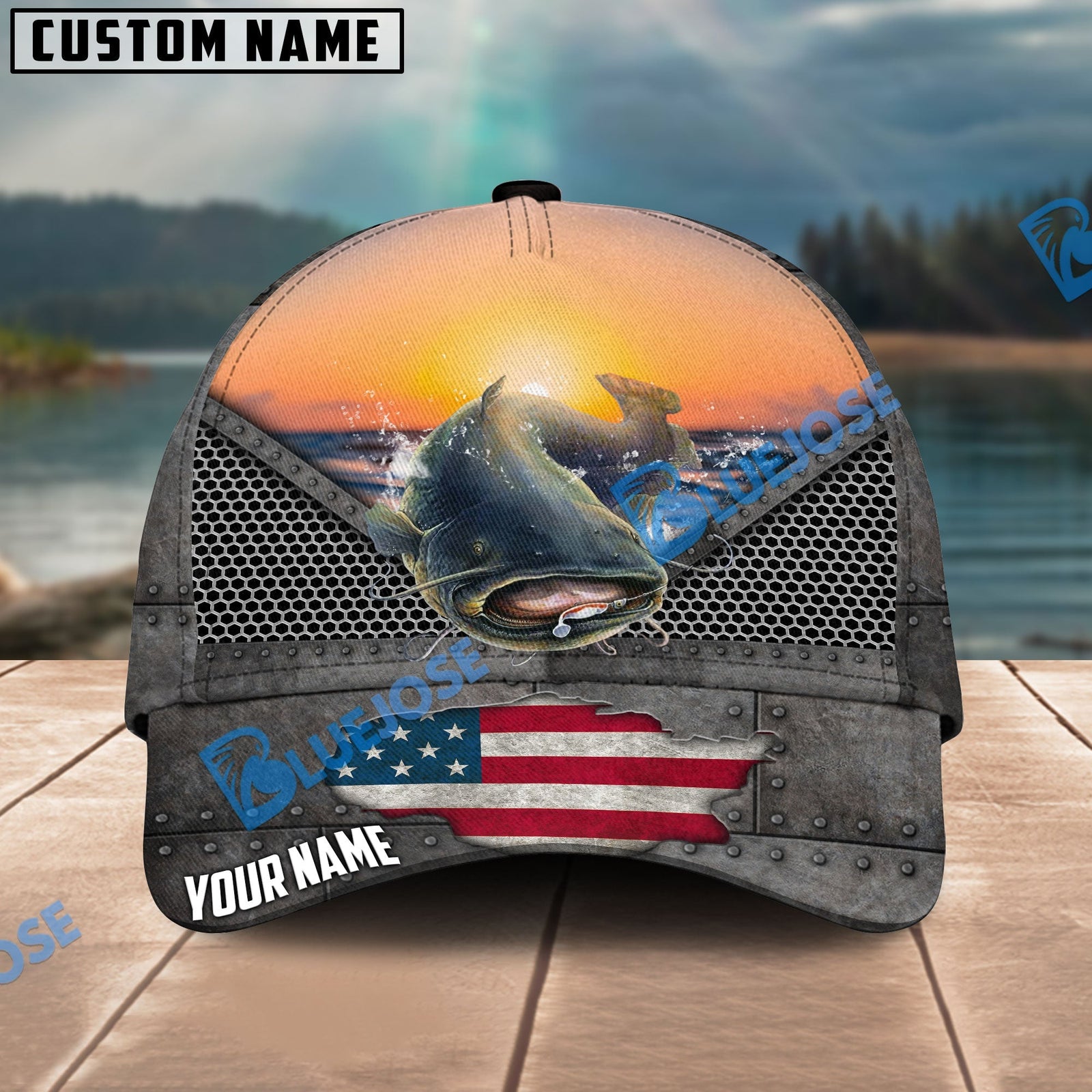 BlueJose Catfish Fishing Sunset Personalized Cap