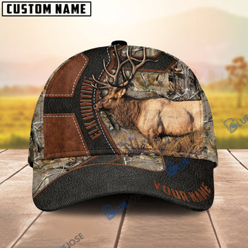 BlueJose Elk Hunting Leather Pattern Personalized Cap