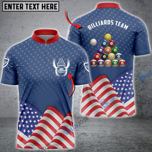 BlueJose Patriotic Waving Flag Billiard Custom Name Zipper Polo Shirt