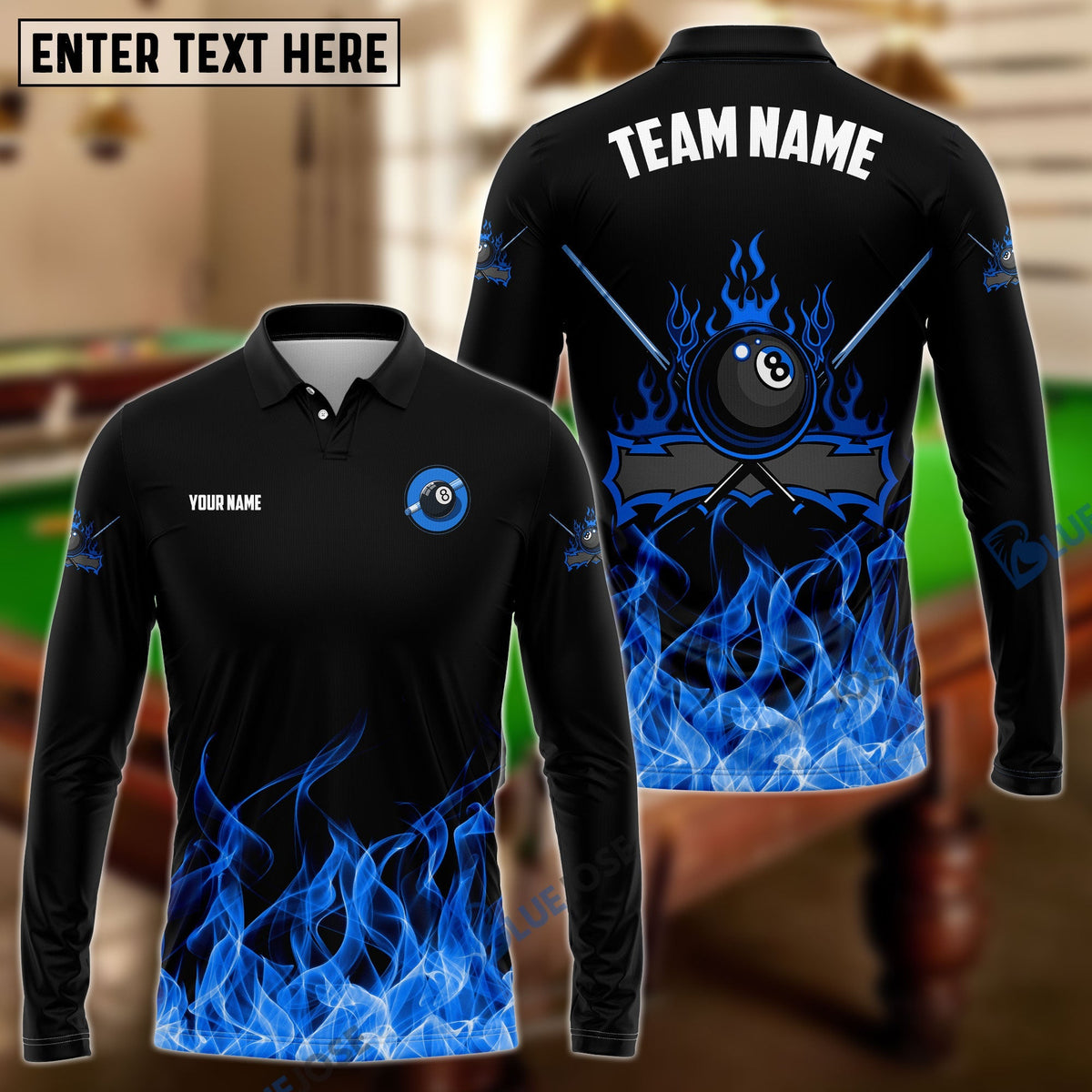 BlueJose Personalized Billiards 8-Ball Fire Pattern Shirt (Blue, Green, Yellow & Red)