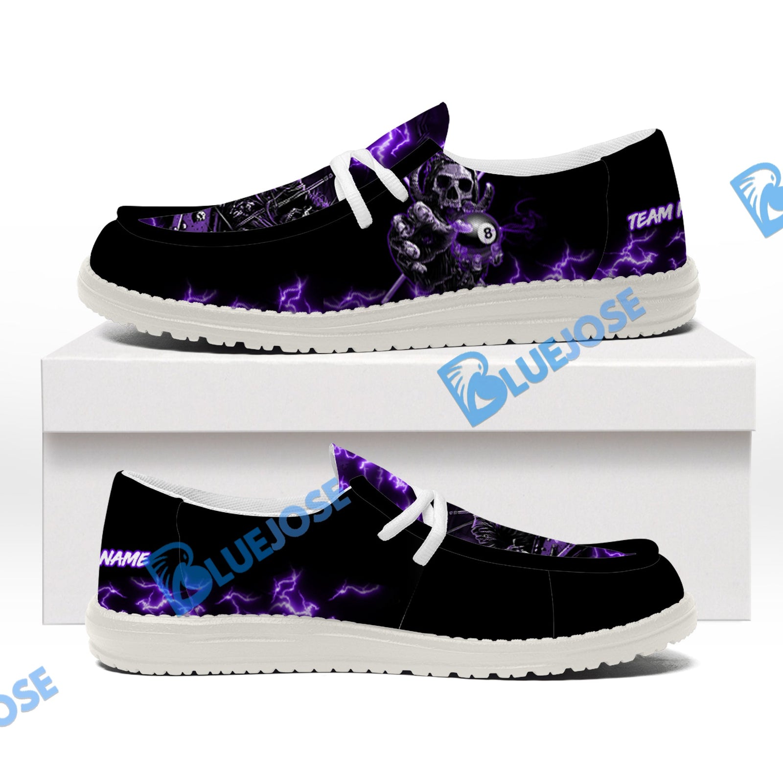 BlueJose Billiards Skull Fire White Canvas Loafer Shoes (4 Colors)