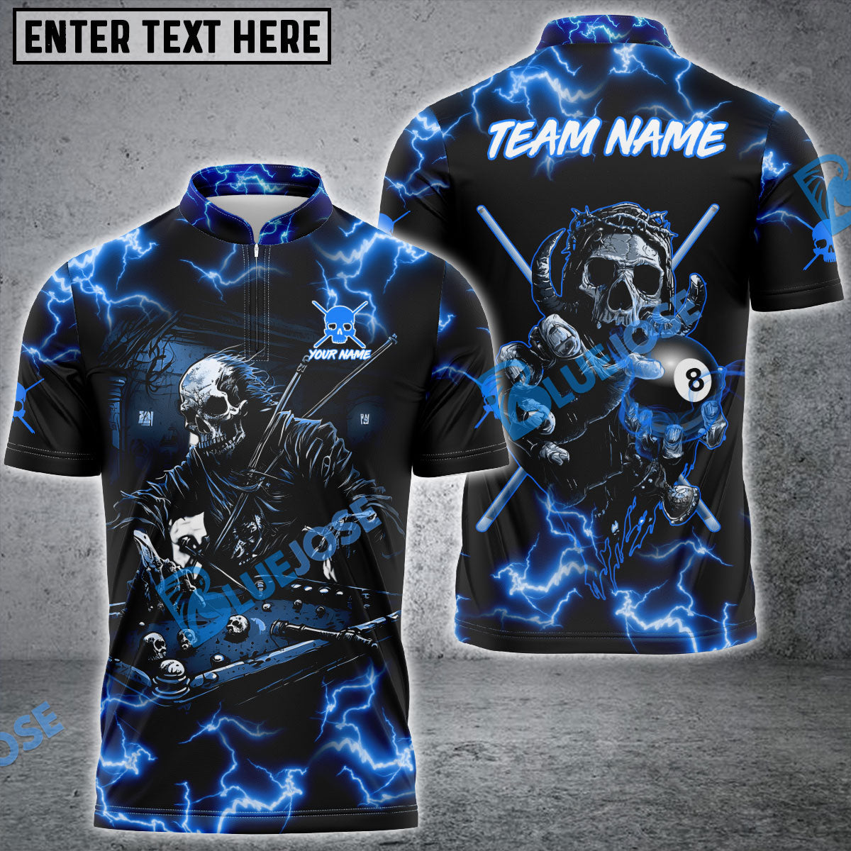 BlueJose Billiards Skull Fire Personalized Name, Team Name Shirt (5 Colors)