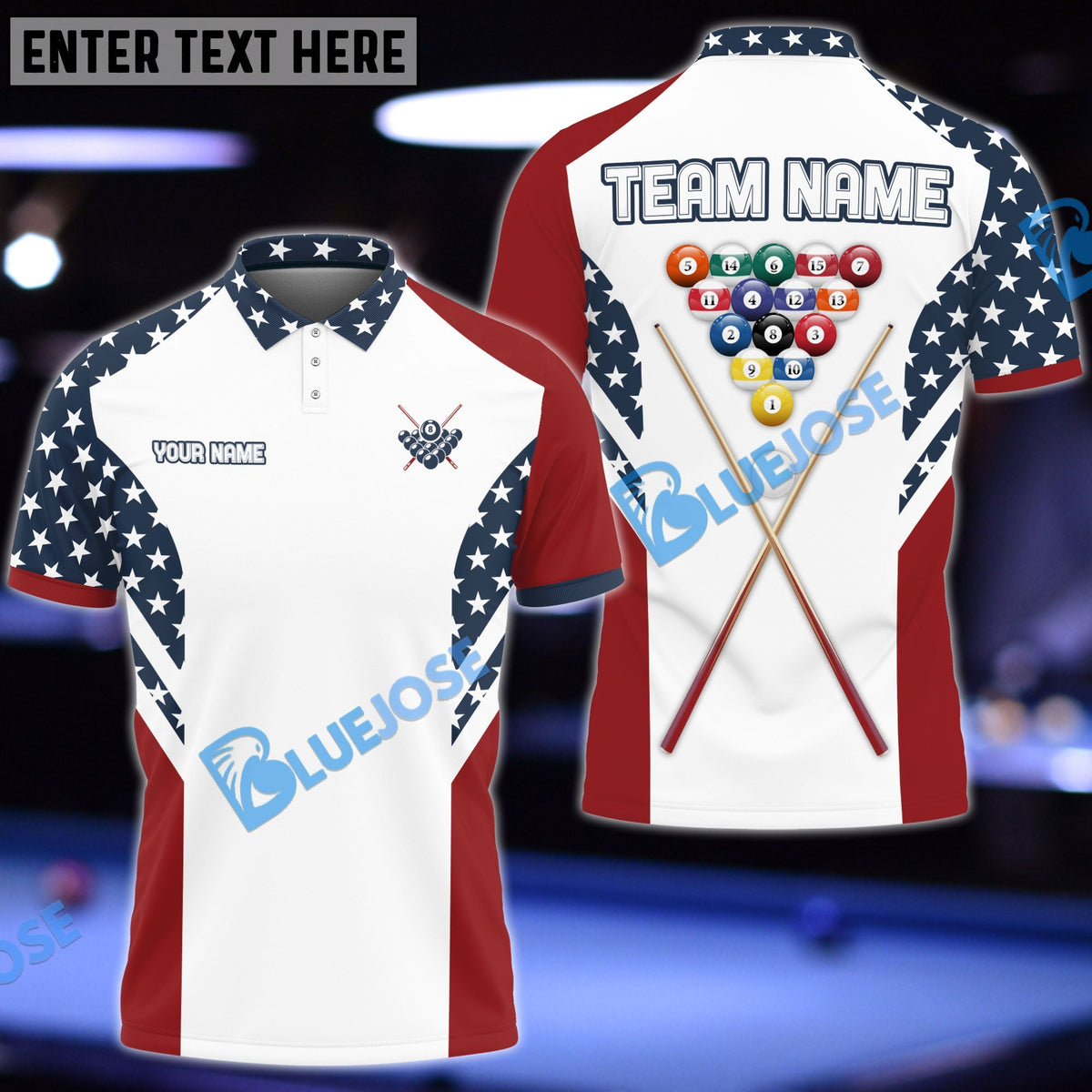BlueJose Billiards Rack &amp; Stick USA Flag Personalized Shirt