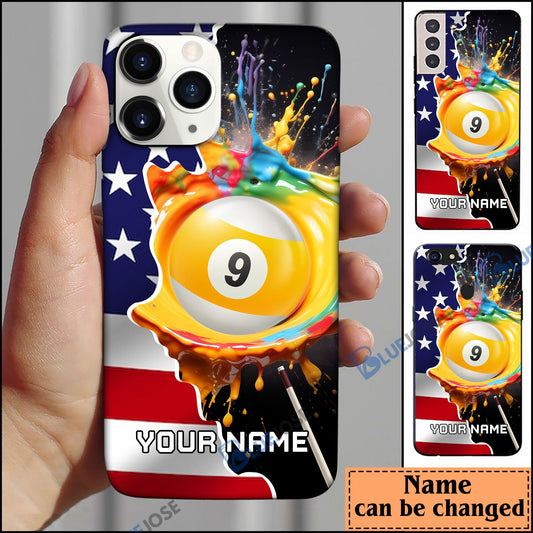 BlueJose Billiards 9 Ball American Flag Personalized Name Phone Case