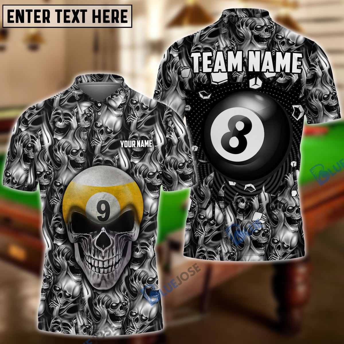 BlueJose Billiards Skull 8&amp;9 Ball Customized Name, Team Name Unisex Shirt