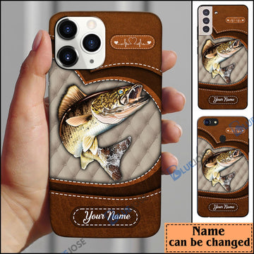 BlueJose Walleye Fish Heart Leather Pattern Personalized Name Phone Case