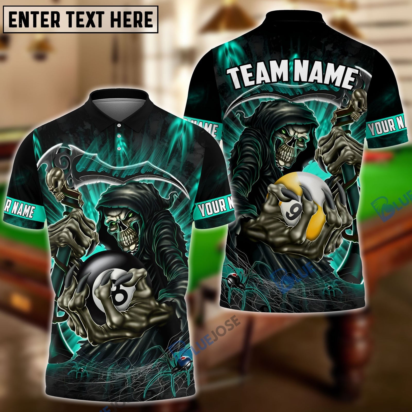 BlueJose Billiards Green Reaper Personalized Name, Team Name Unisex Shirt
