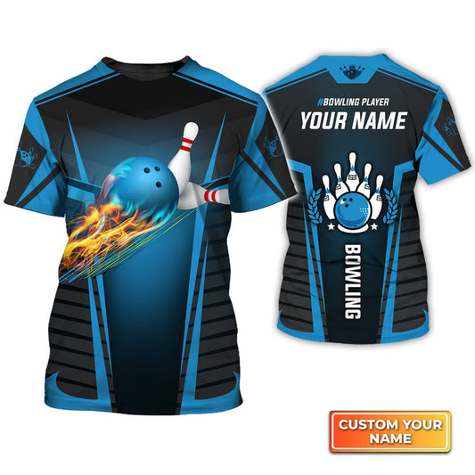 BlueJose The Blue Bowling Ball in Flames Breaks White Skittles Personalized Name 3D Shirt