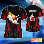 BlueJose  Bowling Ball in Flames Breaks White Skittles Personalized Name 3D Shirt