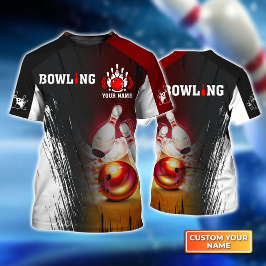 BlueJoses Red Bowling Ball Crashing Pins Personalized Name 3D Shirt