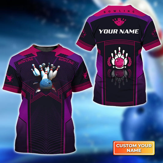 BlueJose The Blue Bowling Ball Crashing The Pins Purple Pattern Personalized Name 3D Shirt, Personalized Shirts For Bowling Players
