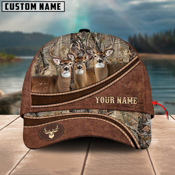 BlueJose Deer Hunting Personalized Name Brown Carving Leather Pattern 3D Classic Cap