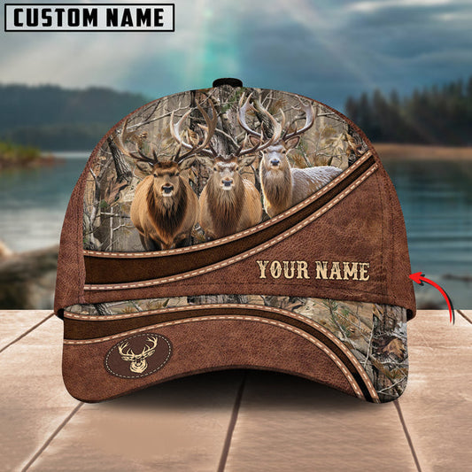 BlueJose Elk Hunting Personalized Name Brown Carving Leather Pattern 3D Classic Cap